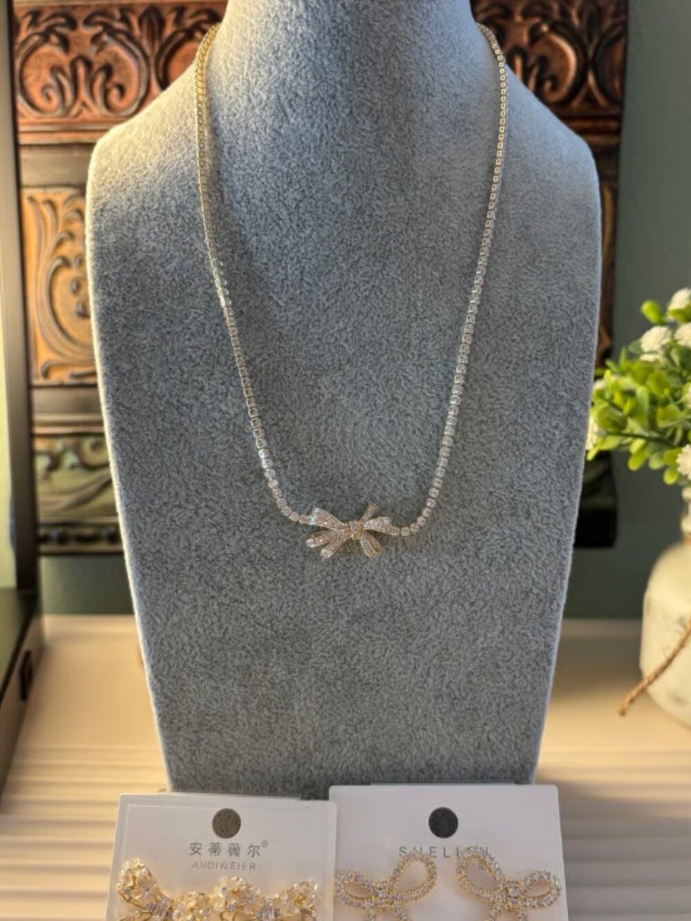 Bow Necklace and earrings set -all CZ on gold plating